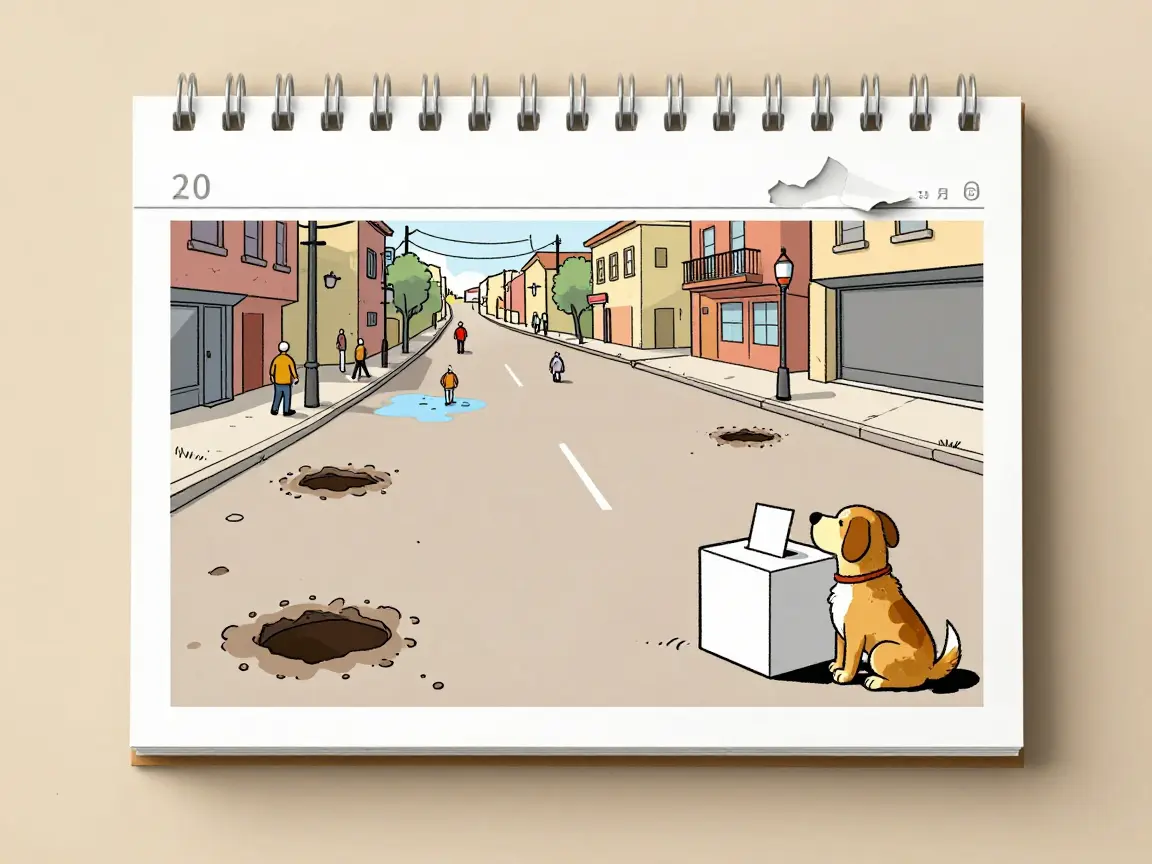 Calle con baches y una urna de cartón, con un calendario al fondo, que sugiere la elección que se acerca.