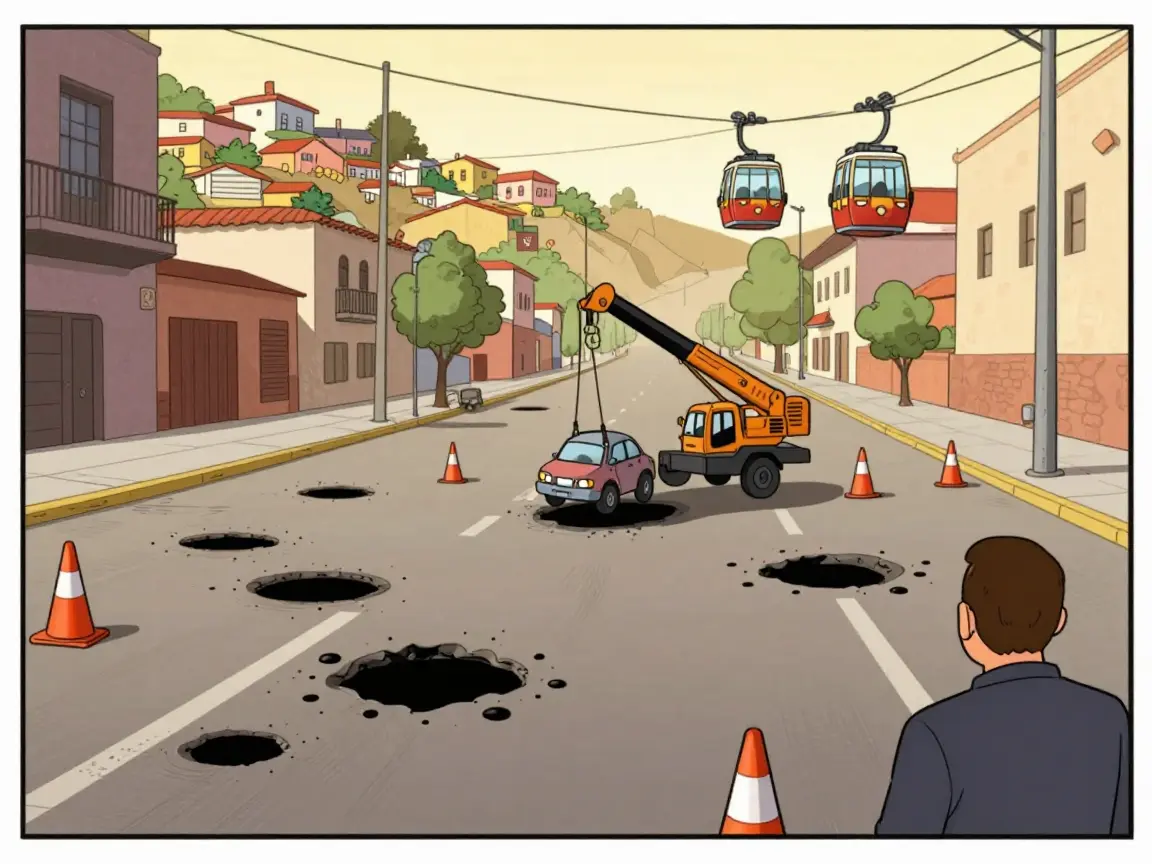 Caricatura de una avenida llena de baches con un coche pequeño y conos naranjas.