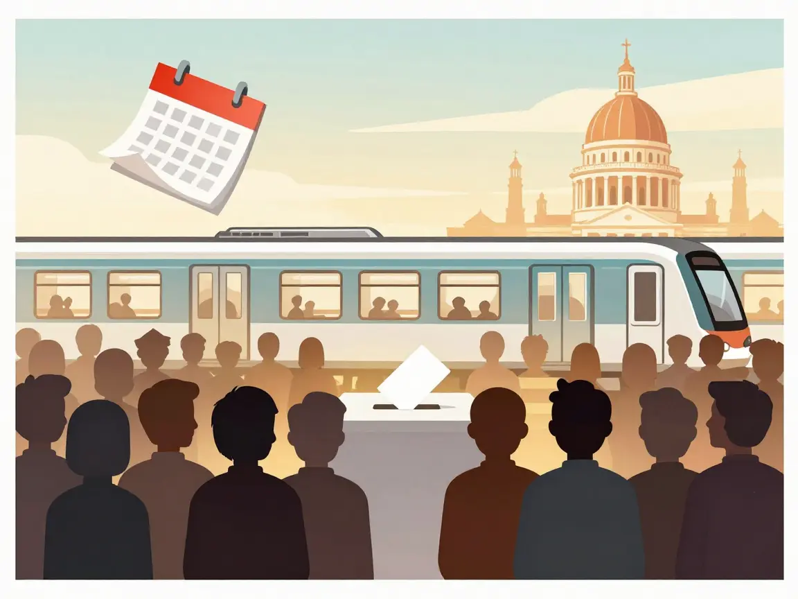 Caricatura de siluetas de espaldas formadas frente a una urna con forma de tren del Metro.