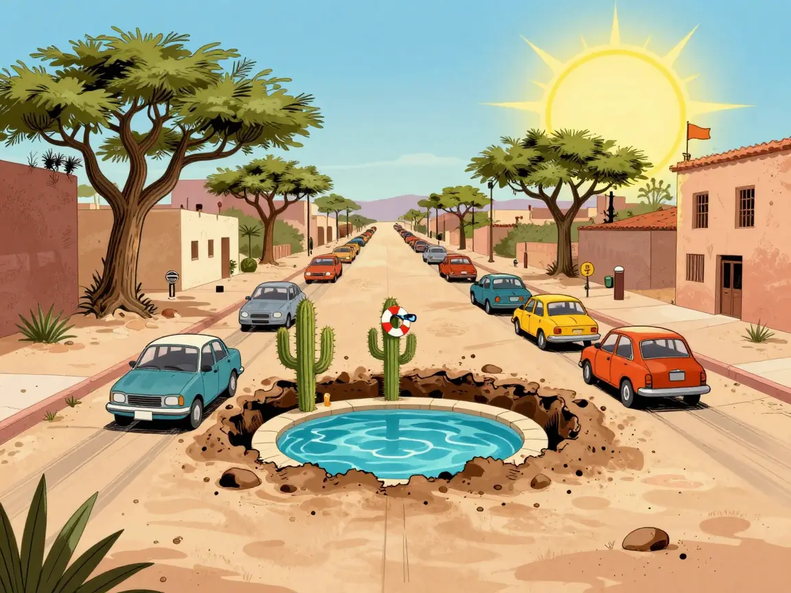 Caricatura de un bache enorme con una alberca en una calle desértica, con carros esquivándolo.