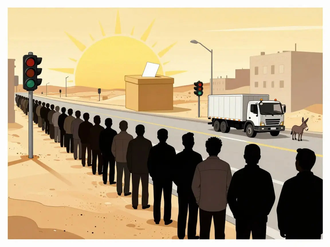Caricatura de siluetas de espaldas en una fila de tráfico hacia una urna gigante en forma de sol.