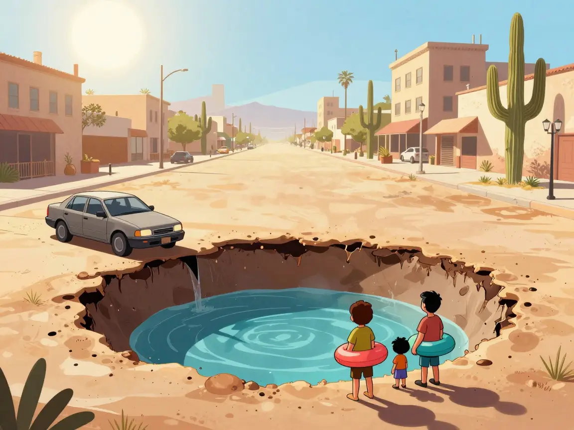 Caricatura de un bache enorme en una avenida de Hermosillo convertido en alberca, con una familia de espaldas con salvavidas.