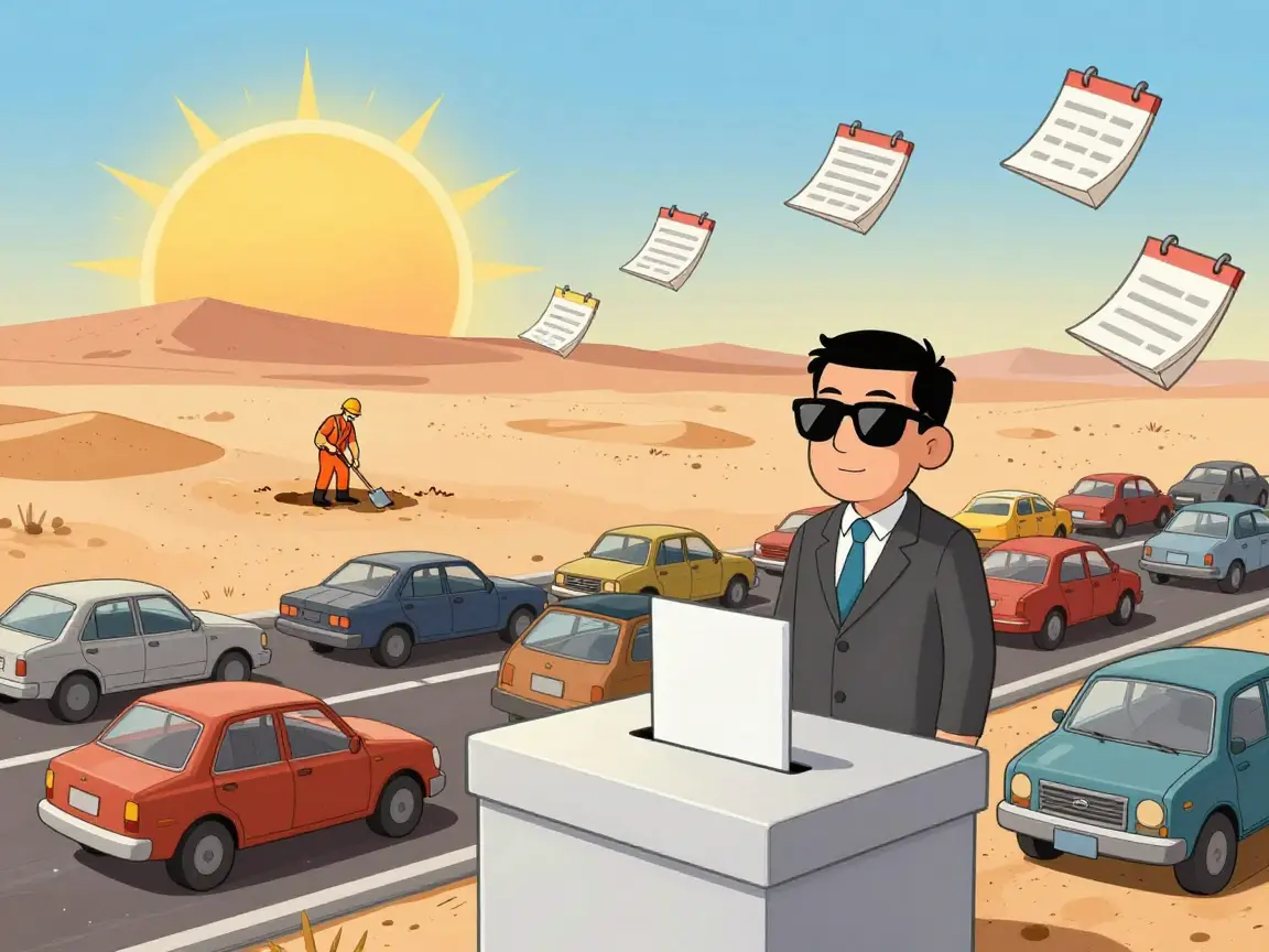 Caricatura de una urna con lentes de sol junto a un embotellamiento y un trabajador lejano tapando un bache.