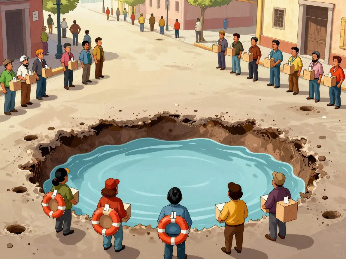 Caricatura de gente de espaldas con urnas como salvavidas frente a un bache enorme lleno de agua.