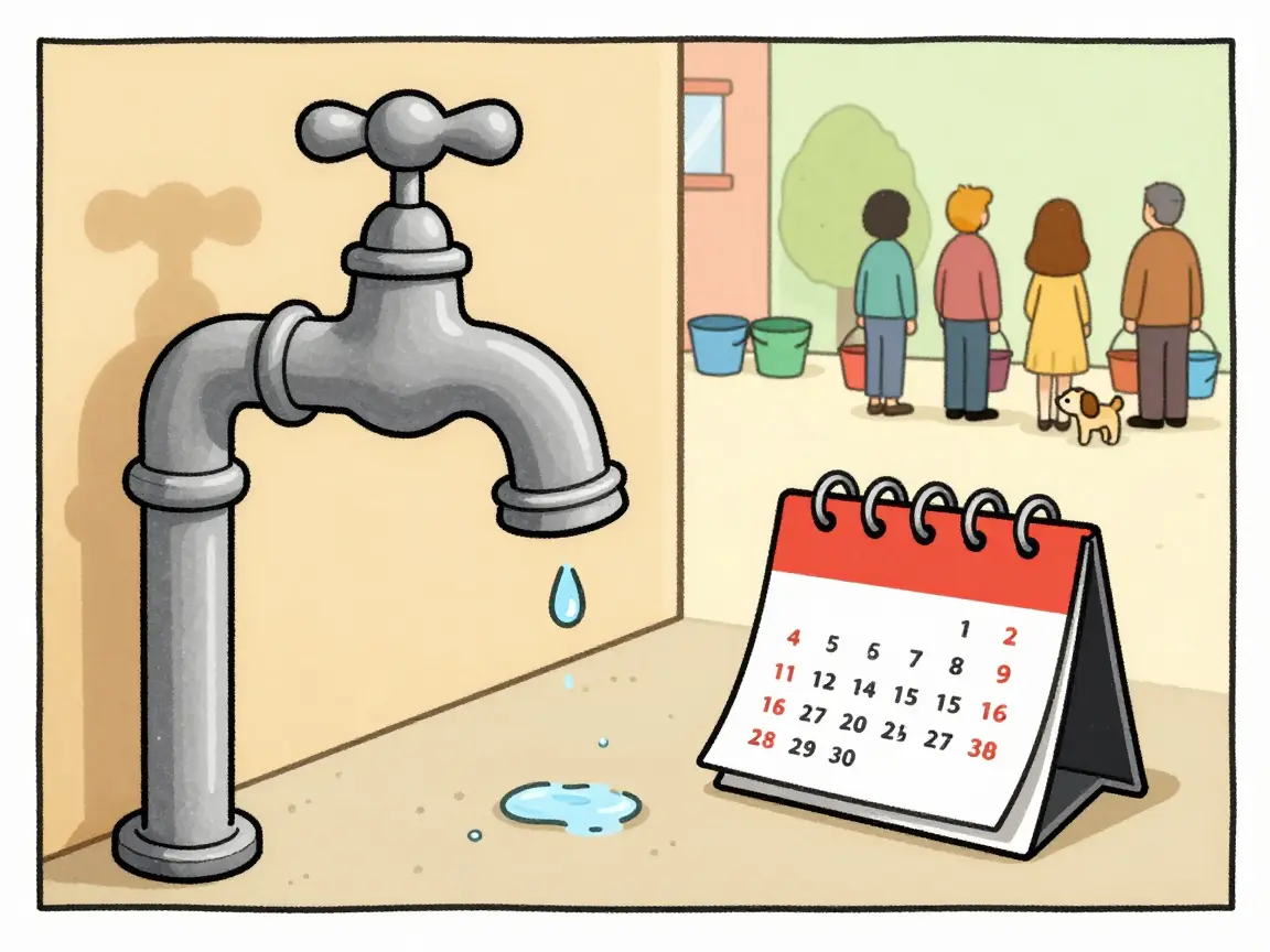 Caricatura de vecinos lejanos con cubetas esperando un hilo de agua de una llave bajo un calendario electoral.