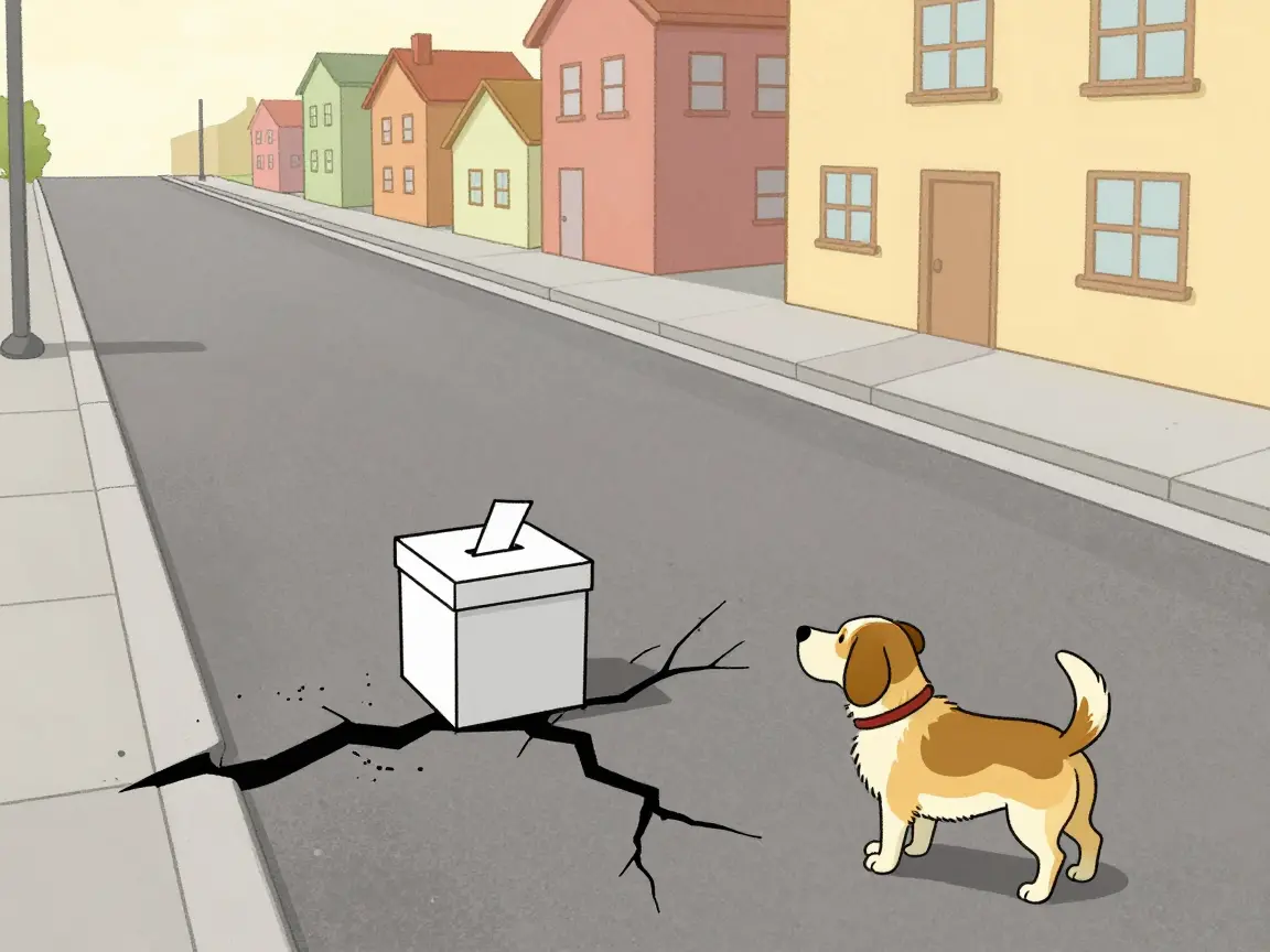Caricatura de una calle agrietada con una urna pequeña al borde y un perro mirándola.