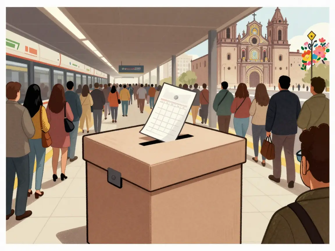 Caricatura de una urna en un andén del Metro lleno de gente.