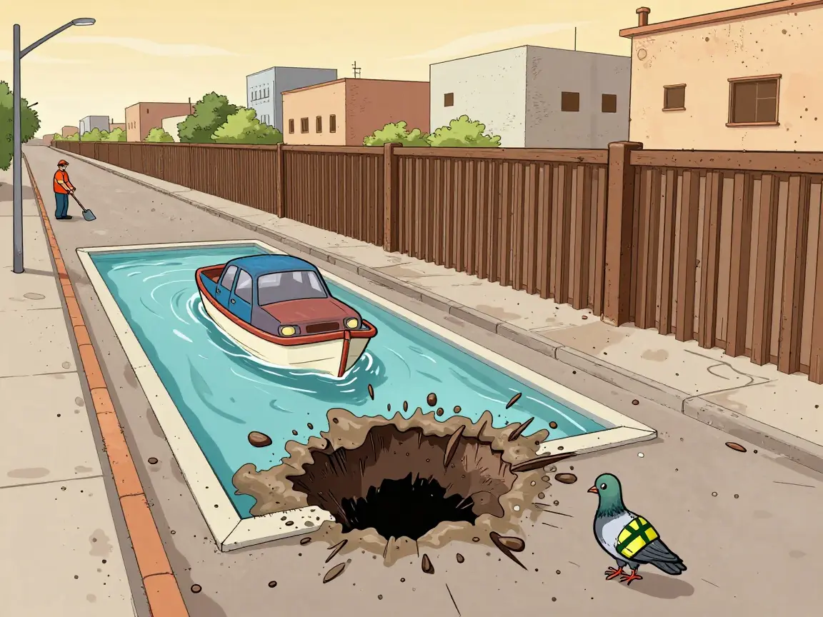 Caricatura de una calle inundada con un bache gigante convertido en alberca y una cuadrilla de lejos.