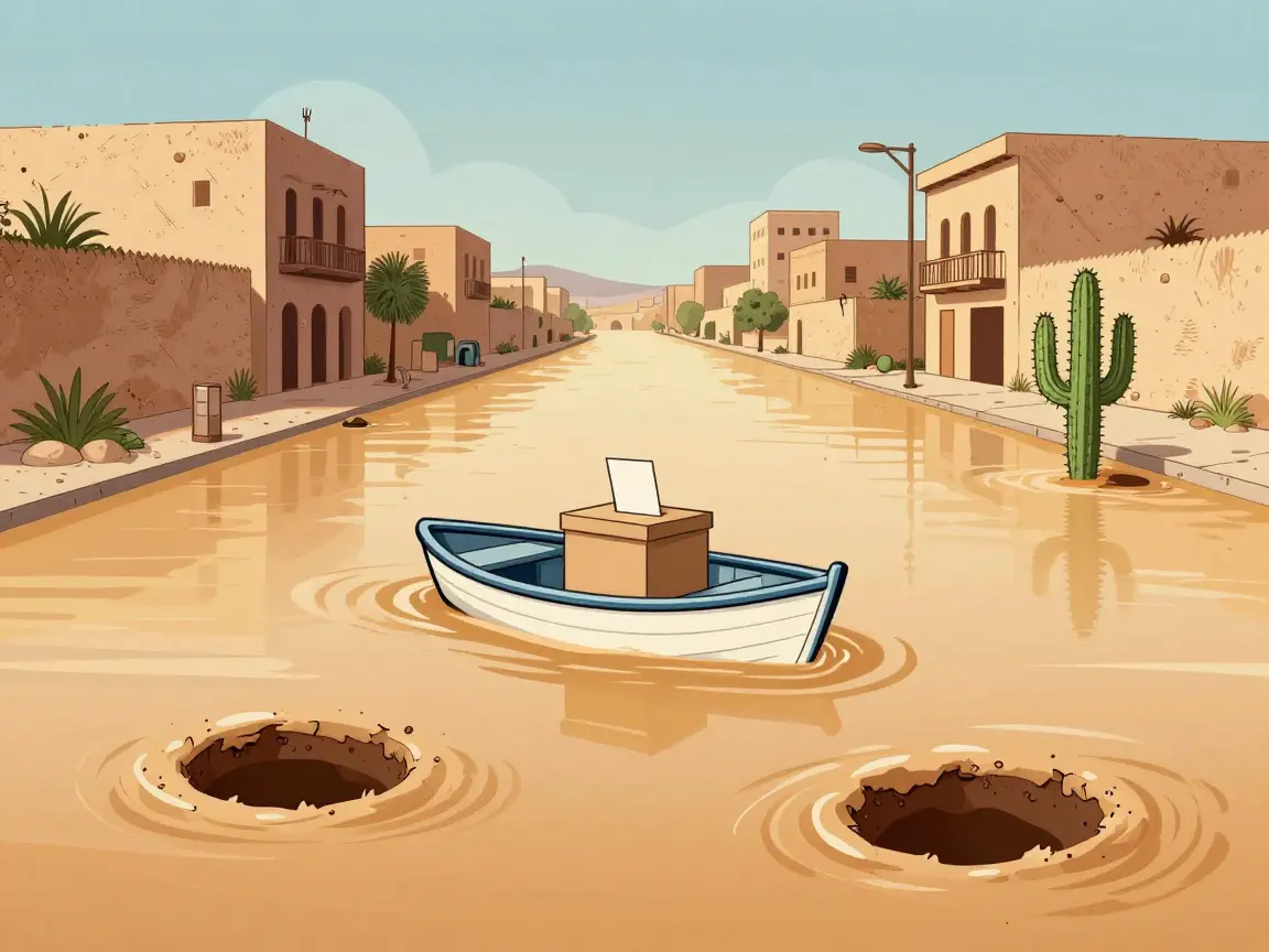 Caricatura de una calle inundada con una urna flotando en una lancha entre baches.