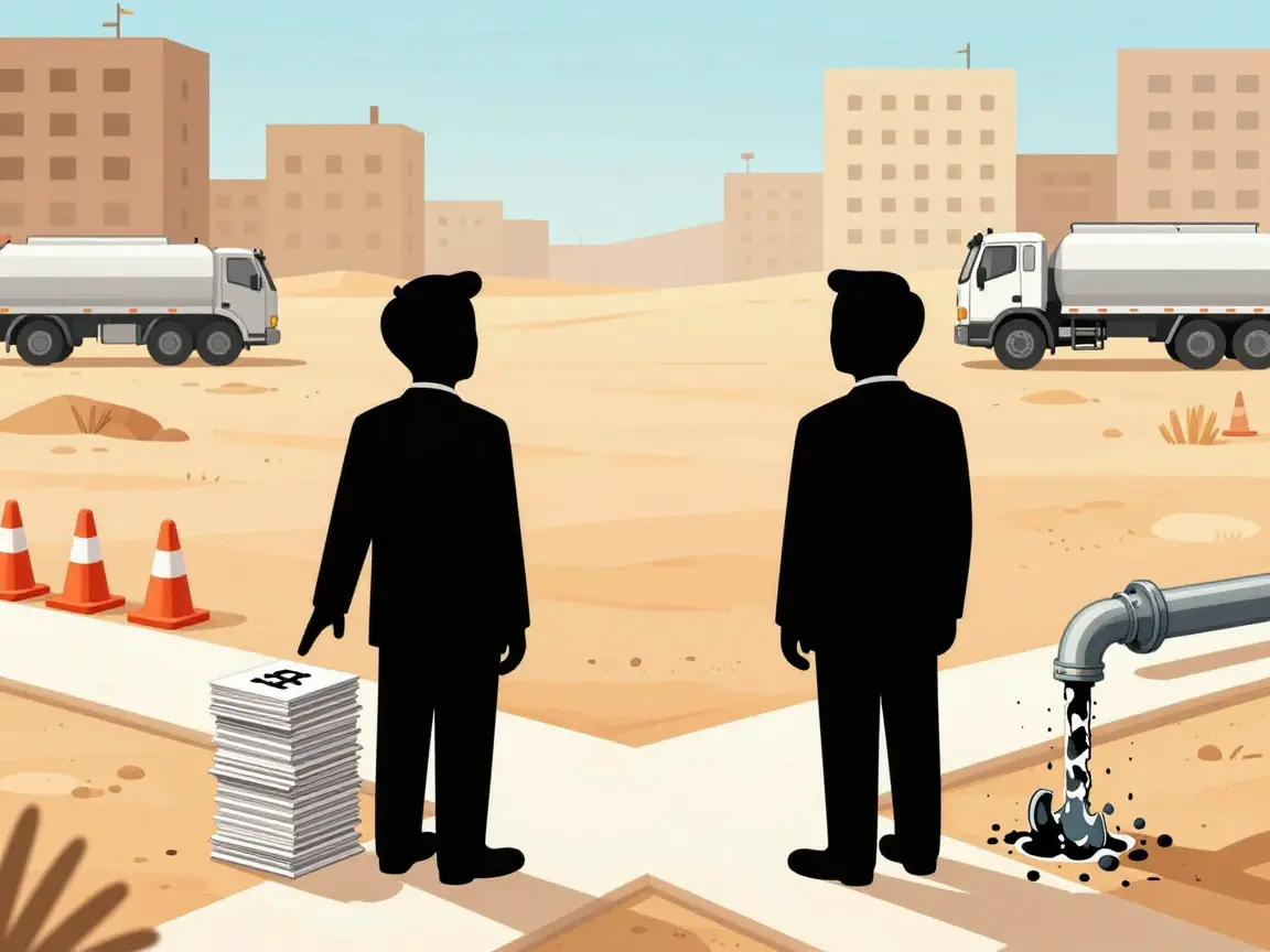 Caricatura de dos siluetas de espaldas en un cruce con una pila de boletas y una tubería con fuga.