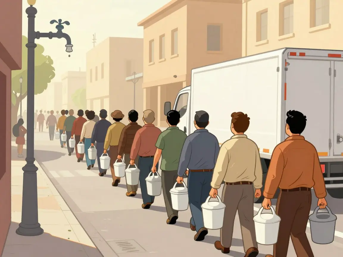 Caricatura de gente de espaldas haciendo fila con cubetas junto a una pipa de agua en una calle de ciudad.