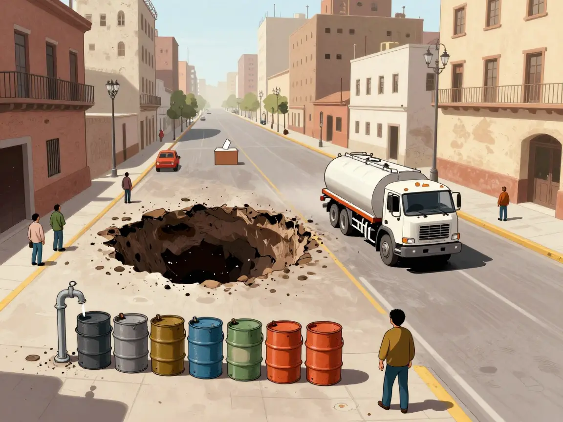 Caricatura de un socavón en un bulevar con una fila de cubetas y una urna al fondo.