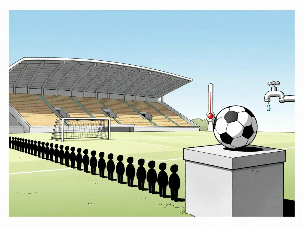 Caricatura de un balón rodando hacia una urna con una larga fila de siluetas en una cancha.