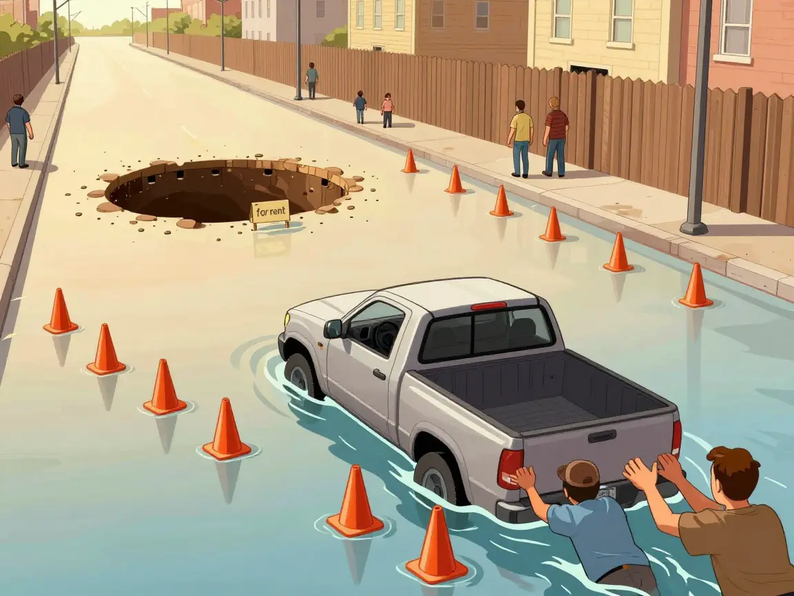 Caricatura de una avenida inundada con una camioneta atorada y gente empujándola de espaldas.