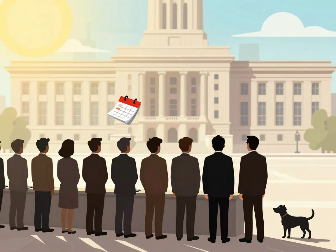 Caricatura de una fila de siluetas de espaldas frente a un edificio de gobierno bajo el sol.
