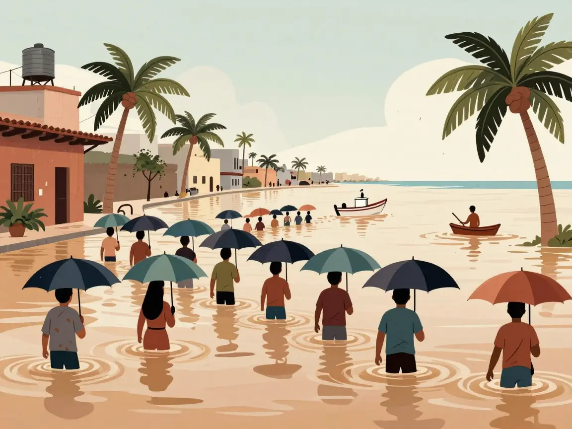 Caricatura de una calle inundada en un puerto con gente de espaldas que avanza con paraguas hacia una urna sobre una lancha.