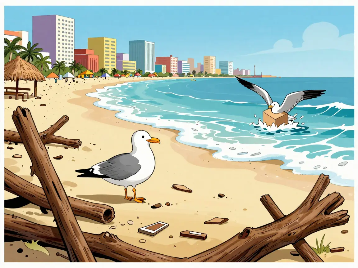 Caricatura de una playa con basura arrastrada por el oleaje, una gaviota confundida y una pequeña urna flotando.