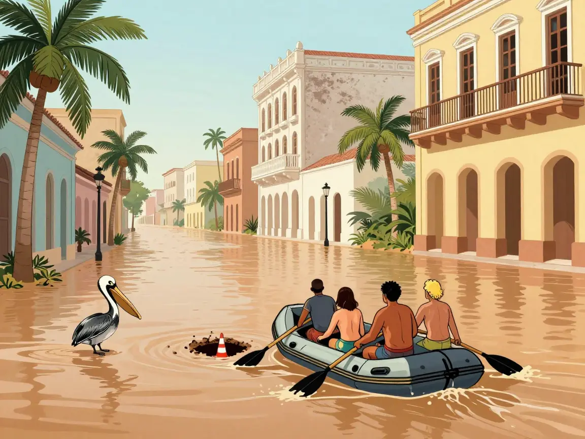 Caricatura de una calle inundada con gente de espaldas en un bote inflable junto a un bache.