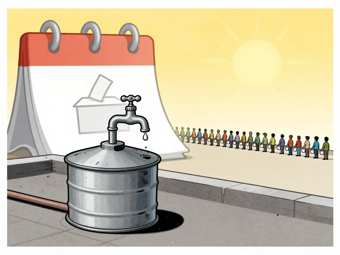 Caricatura de un tinaco casi vacío con gente formada con cubetas y una urna al fondo.