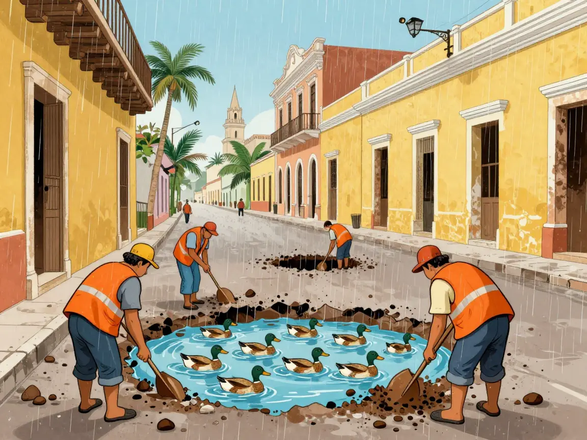 Caricatura de patos nadando en un bache lleno de agua mientras obreros de espaldas reparan otro.