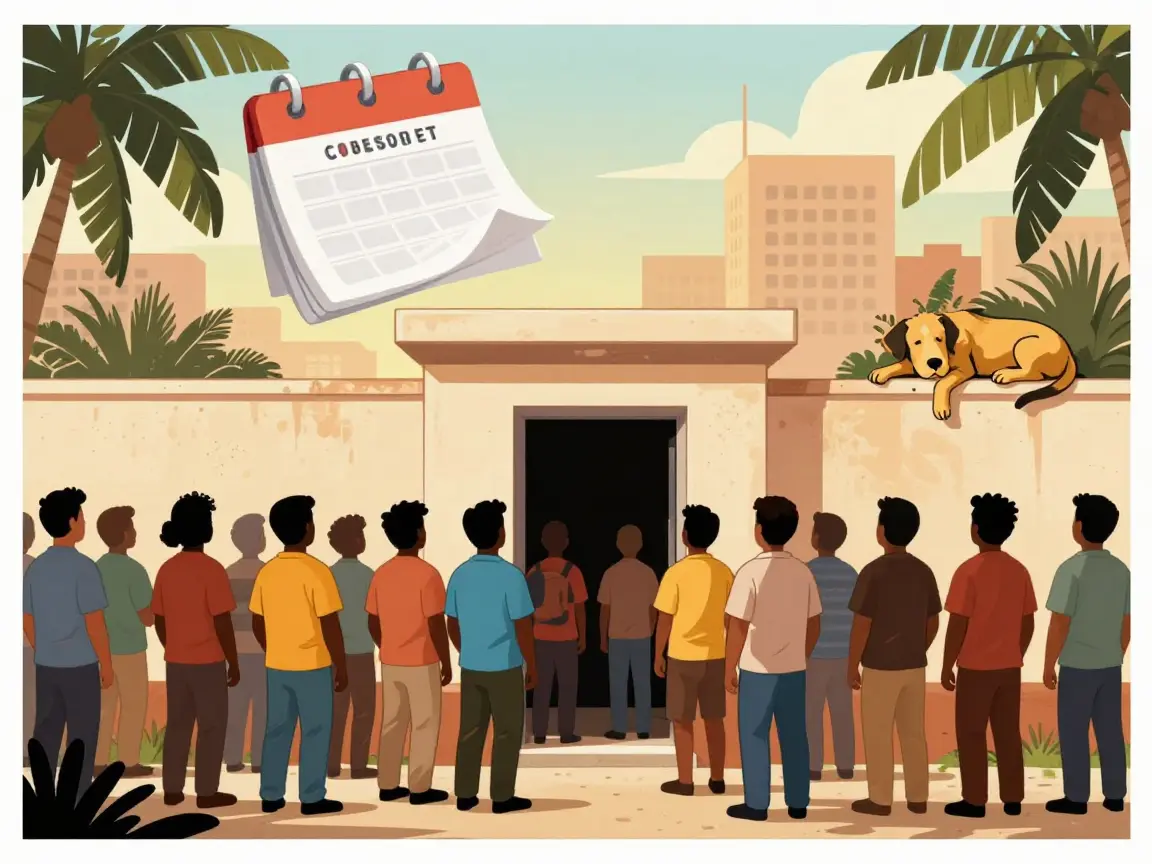 Caricatura de una fila de siluetas esperando frente a una puerta de palacio municipal bajo un calendario gigante.