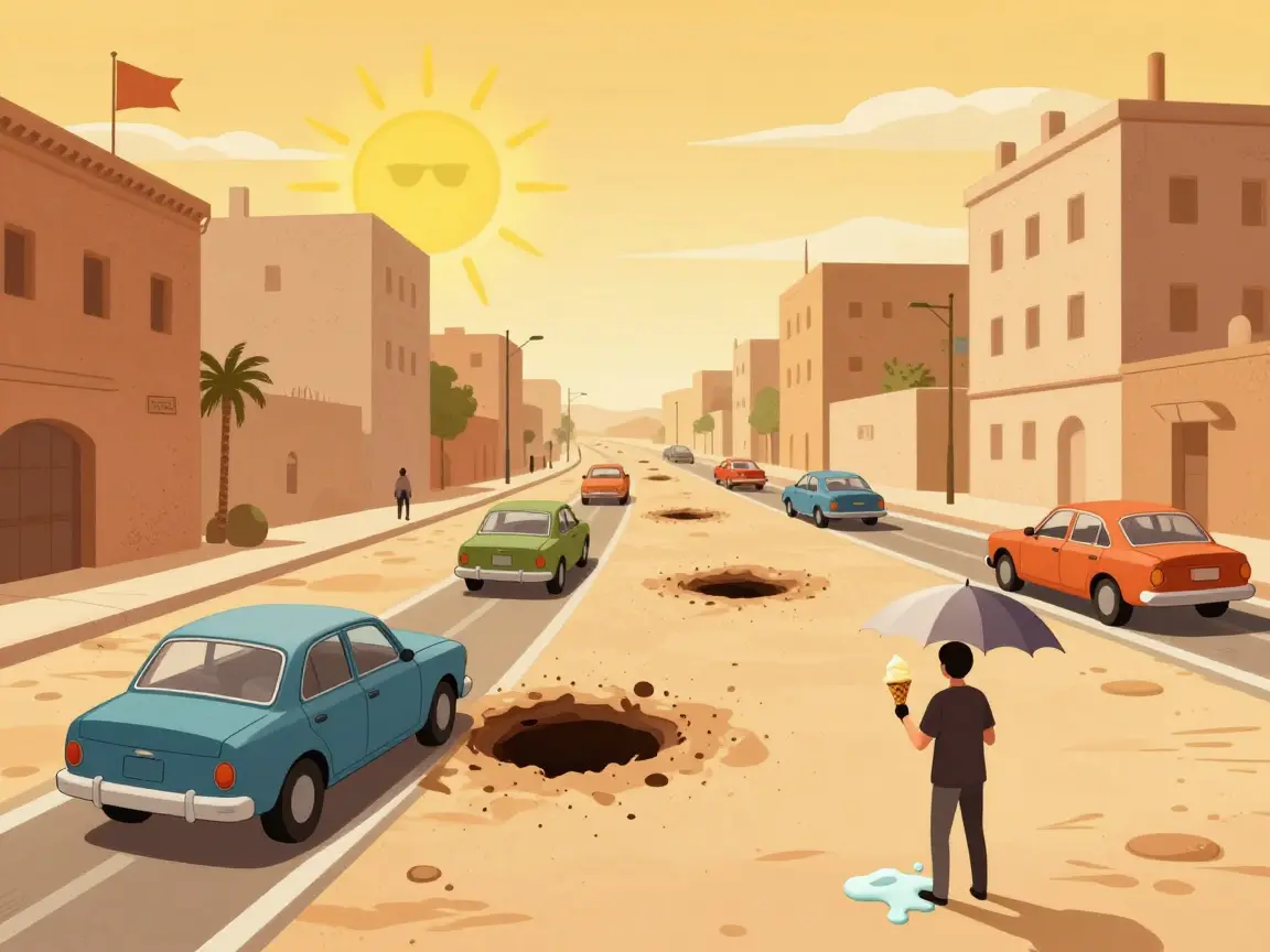 Caricatura de una calle desértica con sol exagerado y coches esquivando baches enormes