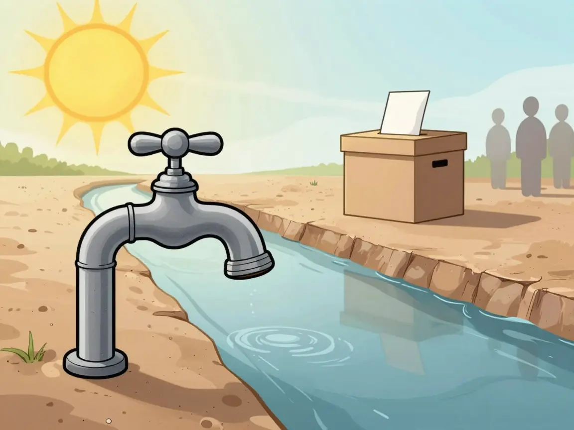 Caricatura de una llave seca junto a un canal vacío con una urna al fondo