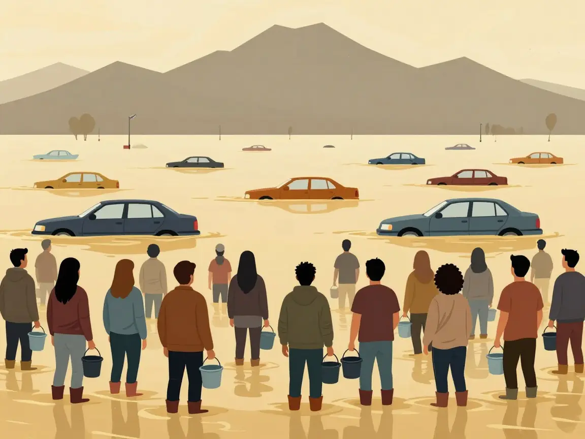 Caricatura de una avenida inundada con autos flotando y gente de espaldas con cubetas vacías.