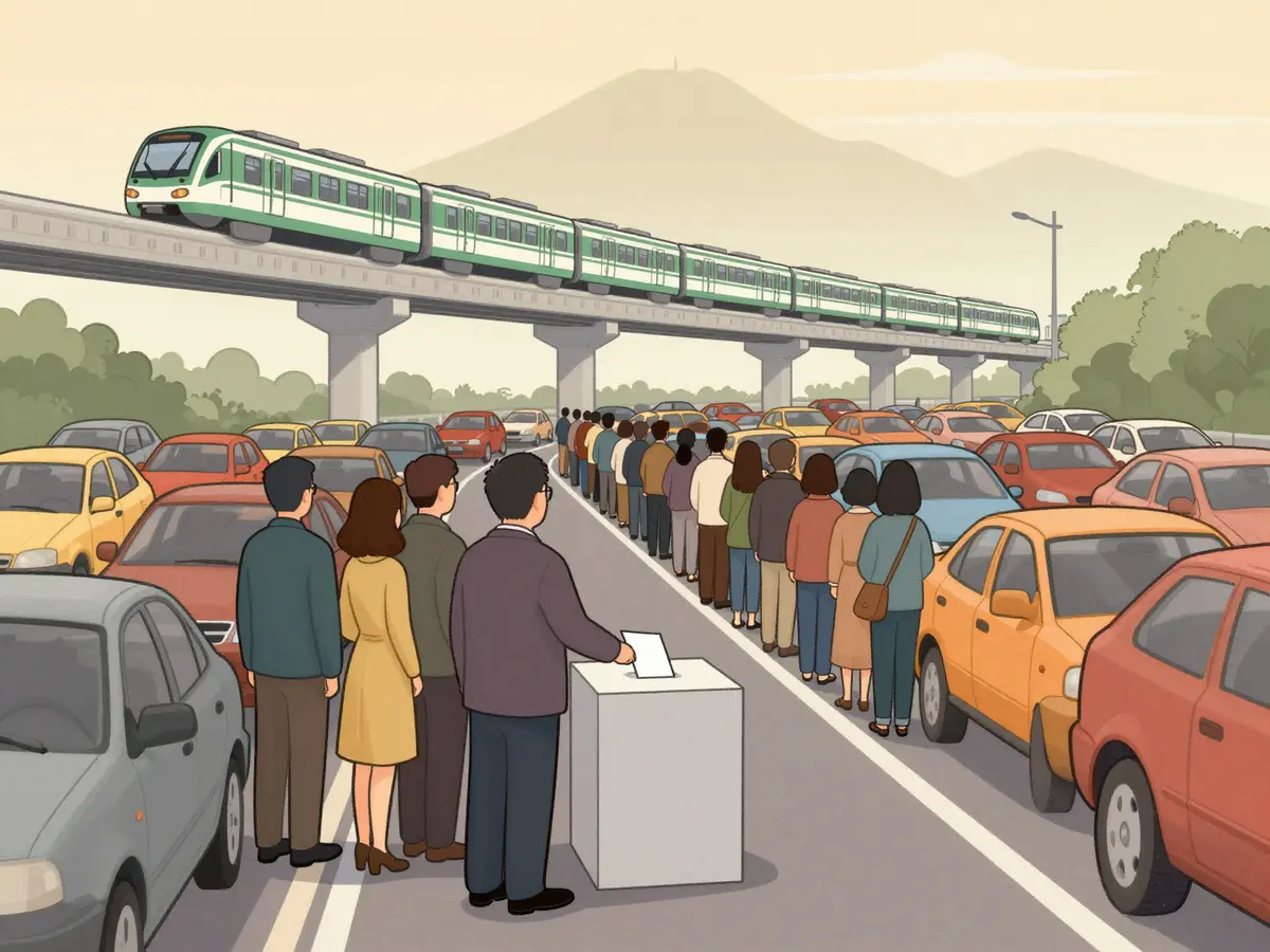 Caricatura de una fila de votantes de espaldas junto a una urna en medio de un embotellamiento con un tren elevado detenido.