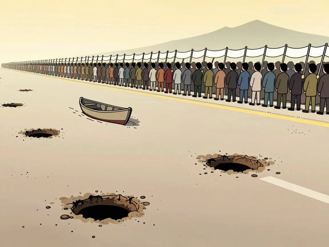 Caricatura de una calle con baches, siluetas lejanas en una línea de salida y una lancha en un charco.
