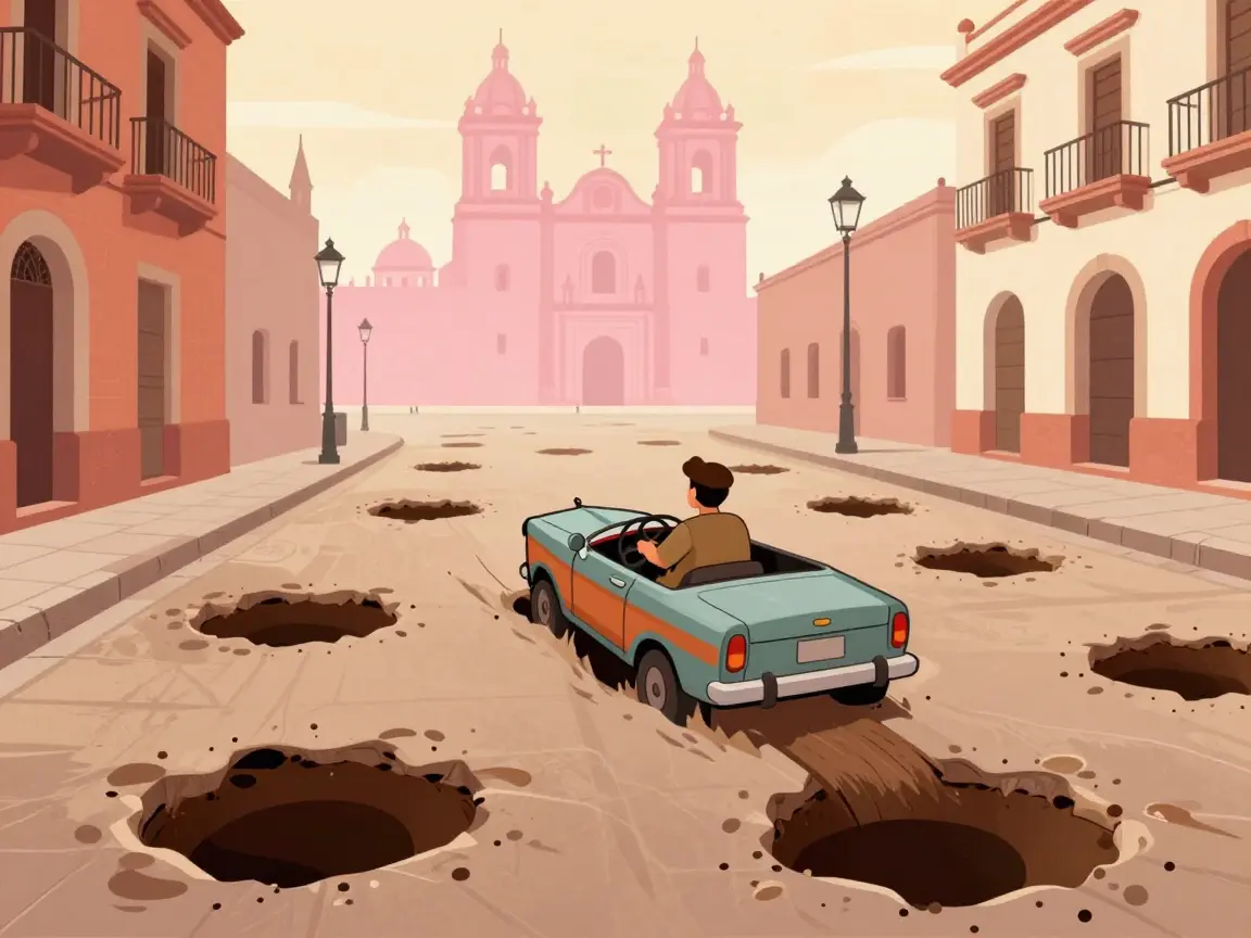 Un coche esquiva enormes baches en una calle colonial con una catedral al fondo.