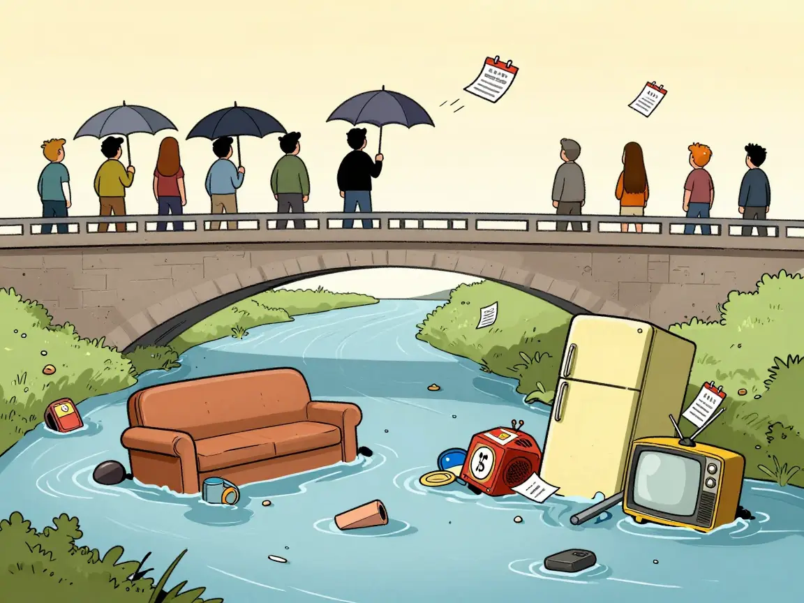 Un río tapado con sillones y refrigeradores mientras la gente mira desde un puente con paraguas.