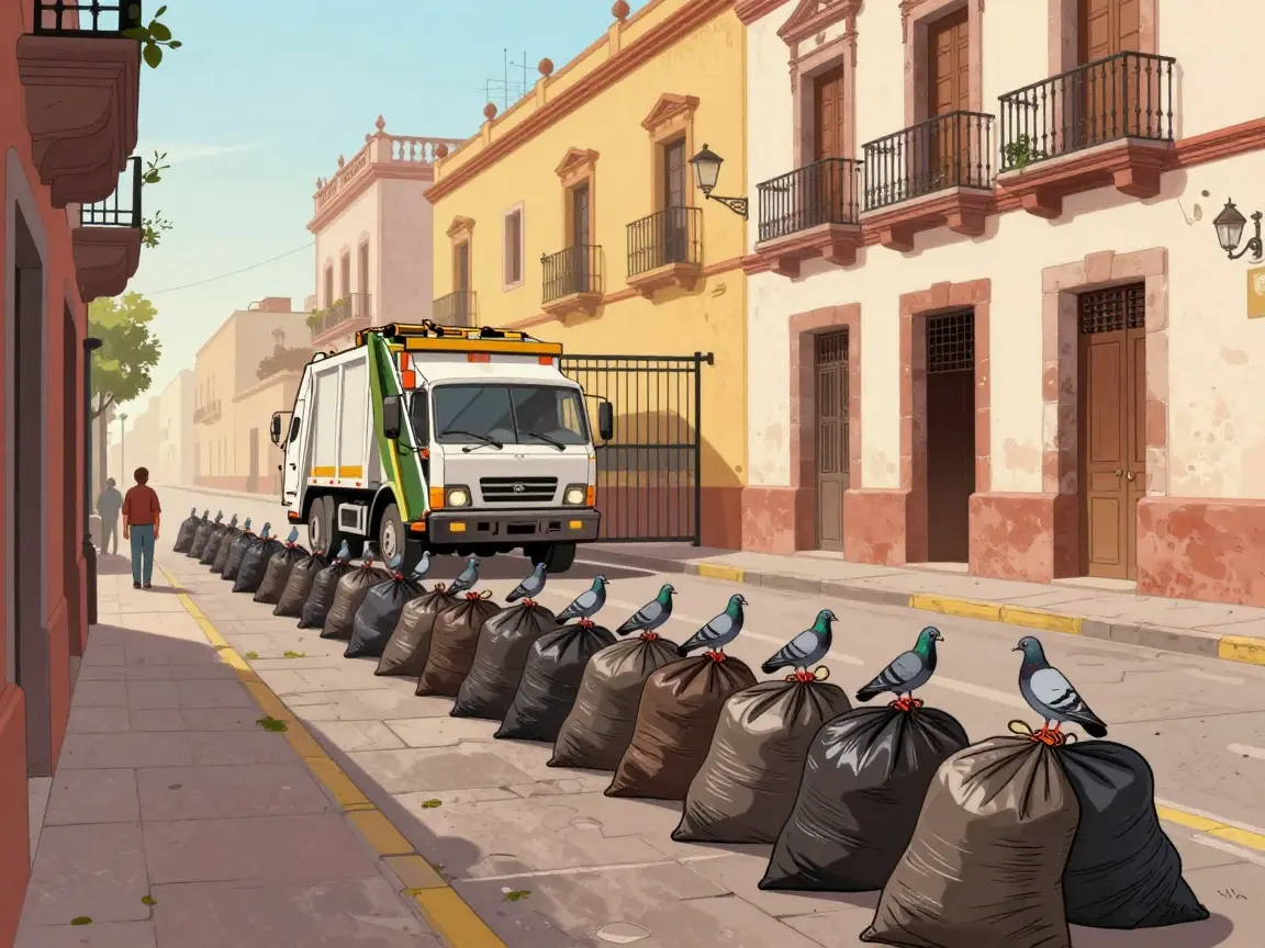 Caricatura de una calle colonial con bolsas de basura acumuladas y palomas encima, frente a un camión recolector detenido.