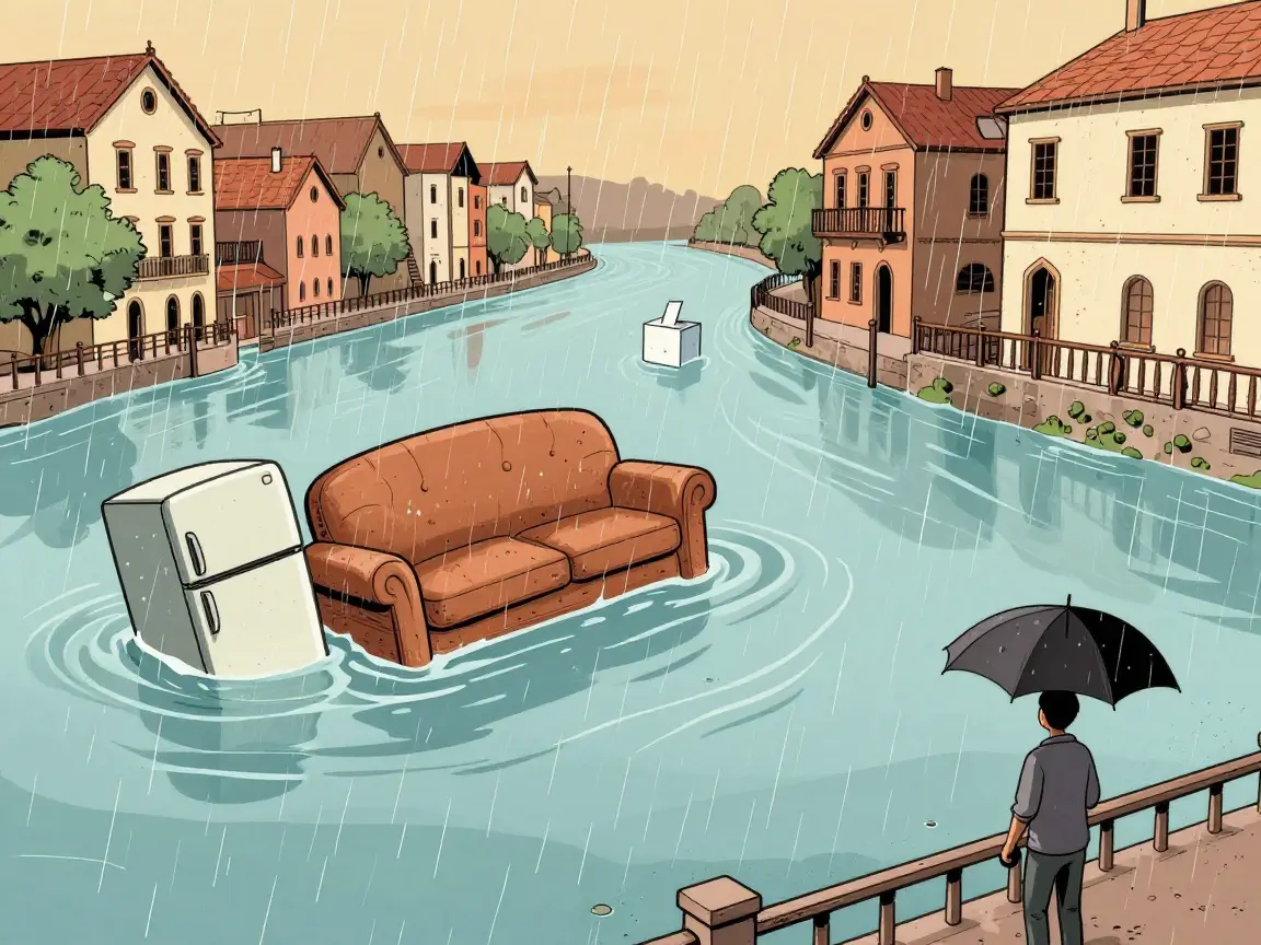 Caricatura de un río desbordado con un sillón y un refrigerador flotando, y una urna electoral al fondo.