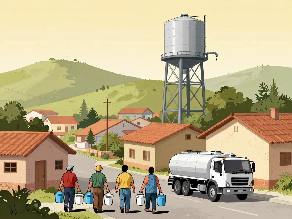 Vecinos de espaldas con cubetas esperando una pipa junto a un tanque de agua vacío en una colonia en cerro.