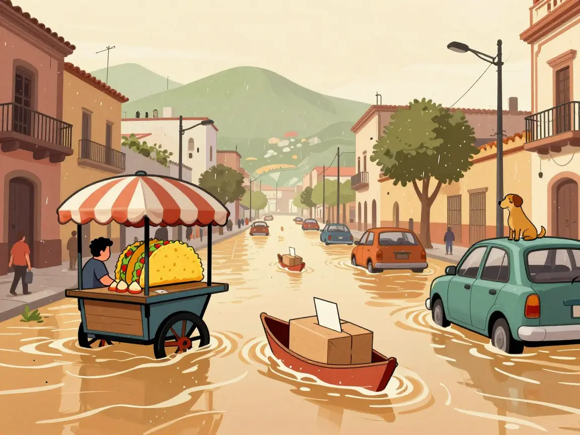 Avenida inundada con un puesto de tacos y una urna de cartón flotando, y un perro sobre un coche.