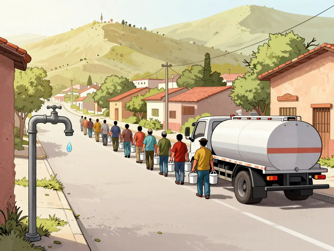 Caricatura de una fila de vecinos con cubetas junto a una pipa de agua en una calle de cerro.
