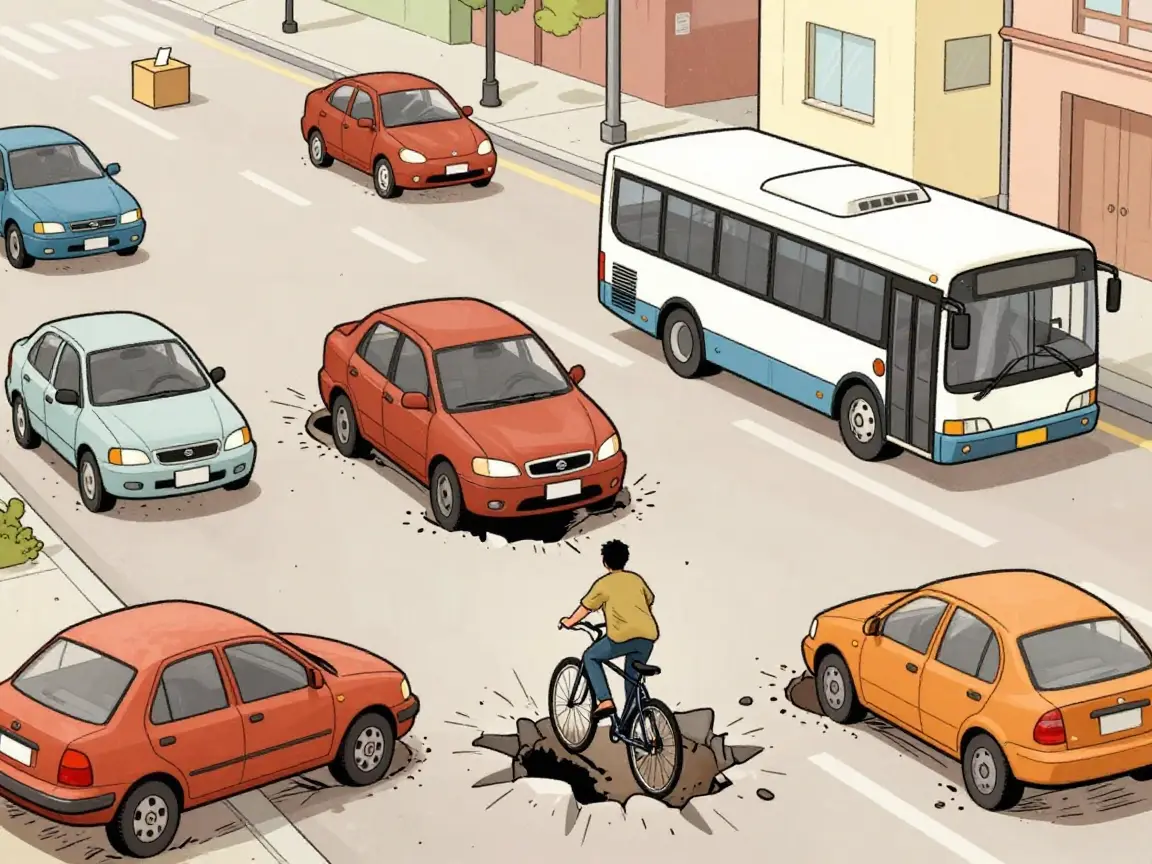 Caricatura de coches saltando entre baches en una avenida con una urna al fondo.