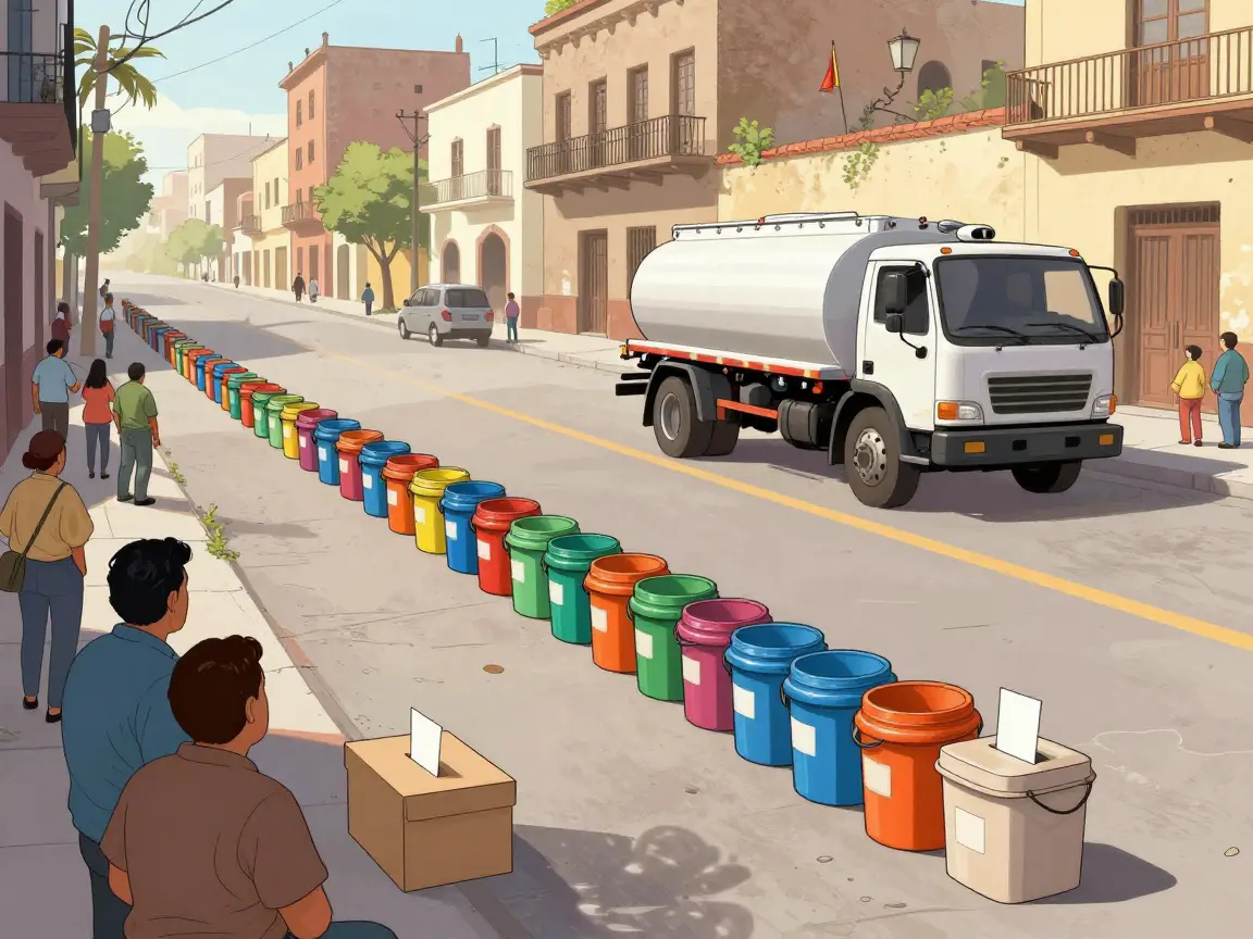 Caricatura de una calle densa con fila de cubetas y una pipa, y una urna al final de la fila.