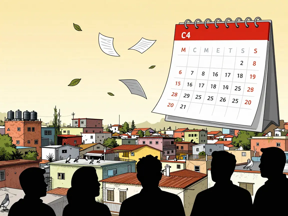 Caricatura de un calendario con hojas volando sobre casas con tinacos.