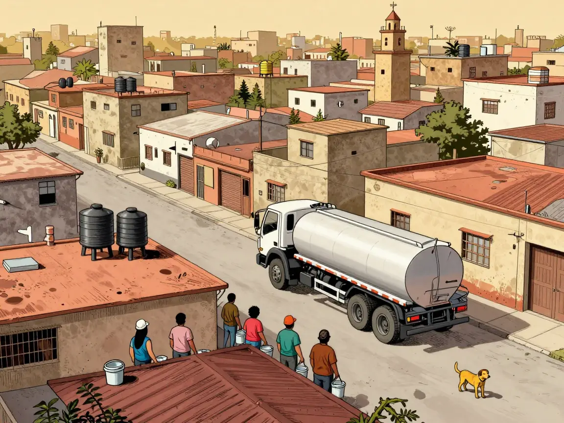 Vecinos de espaldas con cubetas junto a una pipa de agua en una calle de colonia popular.