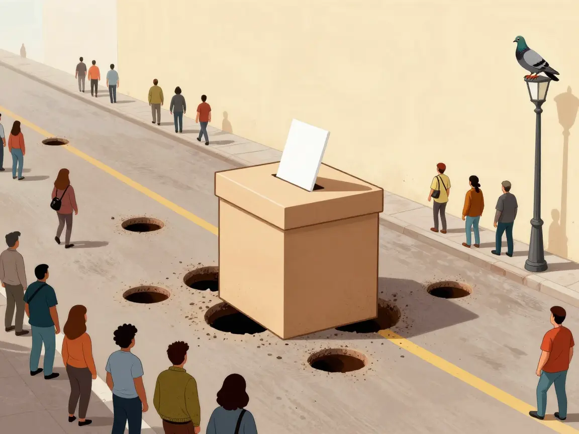 Una urna gigante al final de una calle con baches y gente esquivándolos.