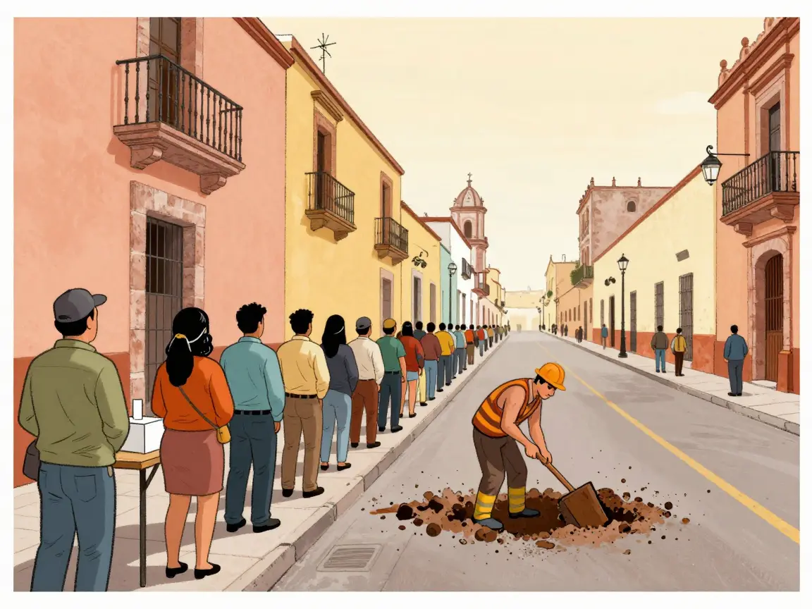 Caricatura de una fila de personas de espaldas ante una urna mientras una cuadrilla tapa un bache enorme en una calle poblana.