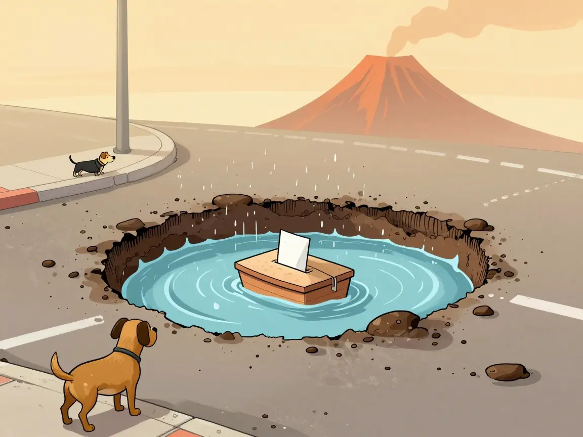 Caricatura de un bache gigante con agua donde flota una urna, con un perro callejero y un volcán al fondo.