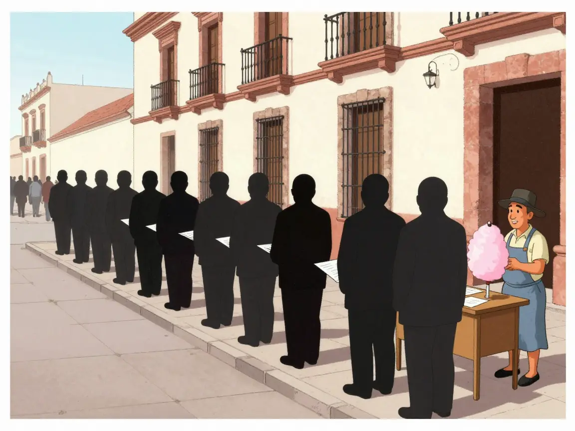 Caricatura de una larga fila de siluetas de espaldas frente a un escritorio en una banqueta poblana.