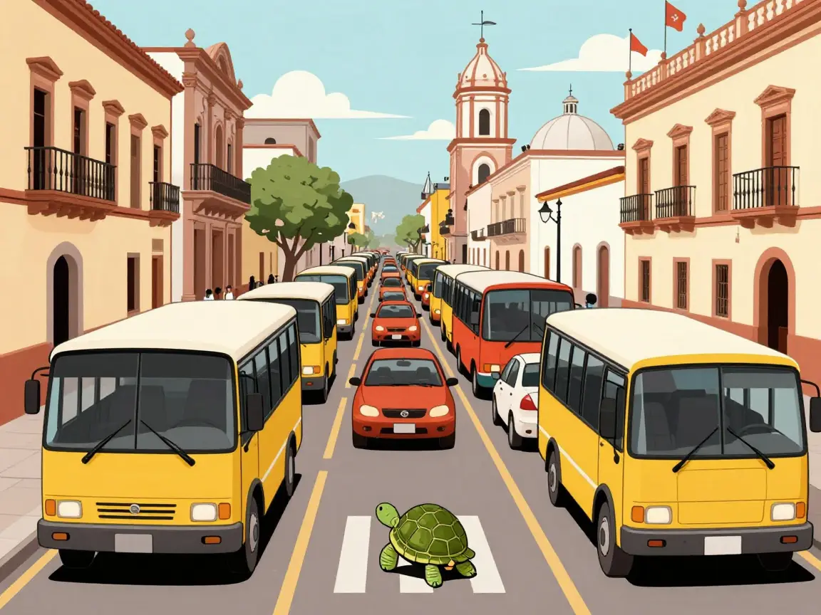 Caricatura de una calle de ciudad colonial con una fila de autos y camiones detrás de una tortuga.