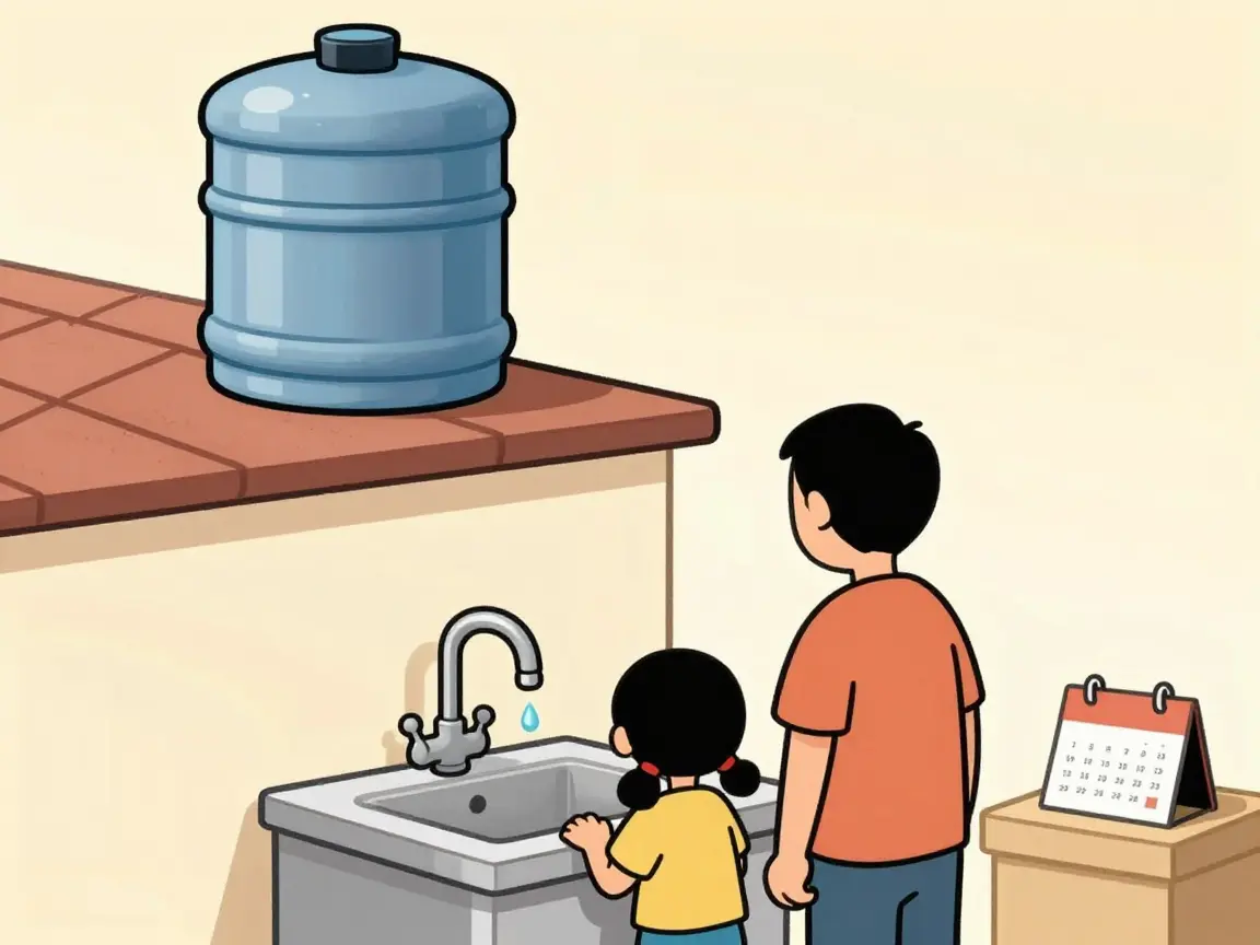 Caricatura de una familia mirando una llave de agua con una sola gota y un tinaco vacío.