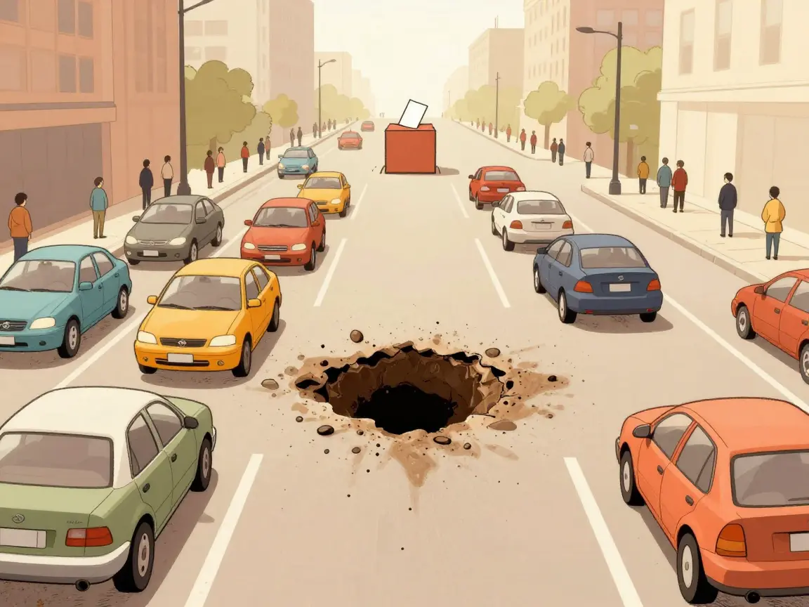 Caricatura de una avenida con tráfico y un bache gigante, con una urna al fondo.