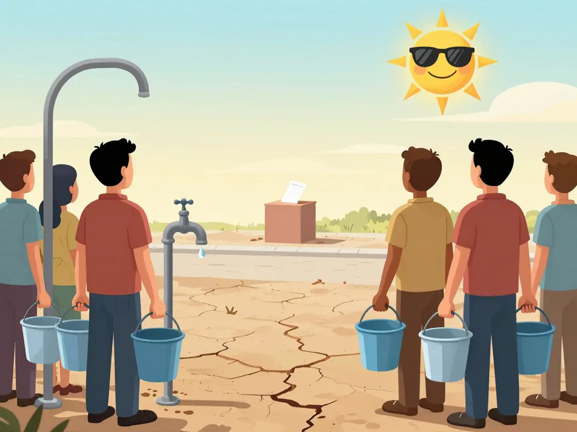 Caricatura de personas de espaldas con cubetas vacías frente a una llave seca, con una urna al fondo.