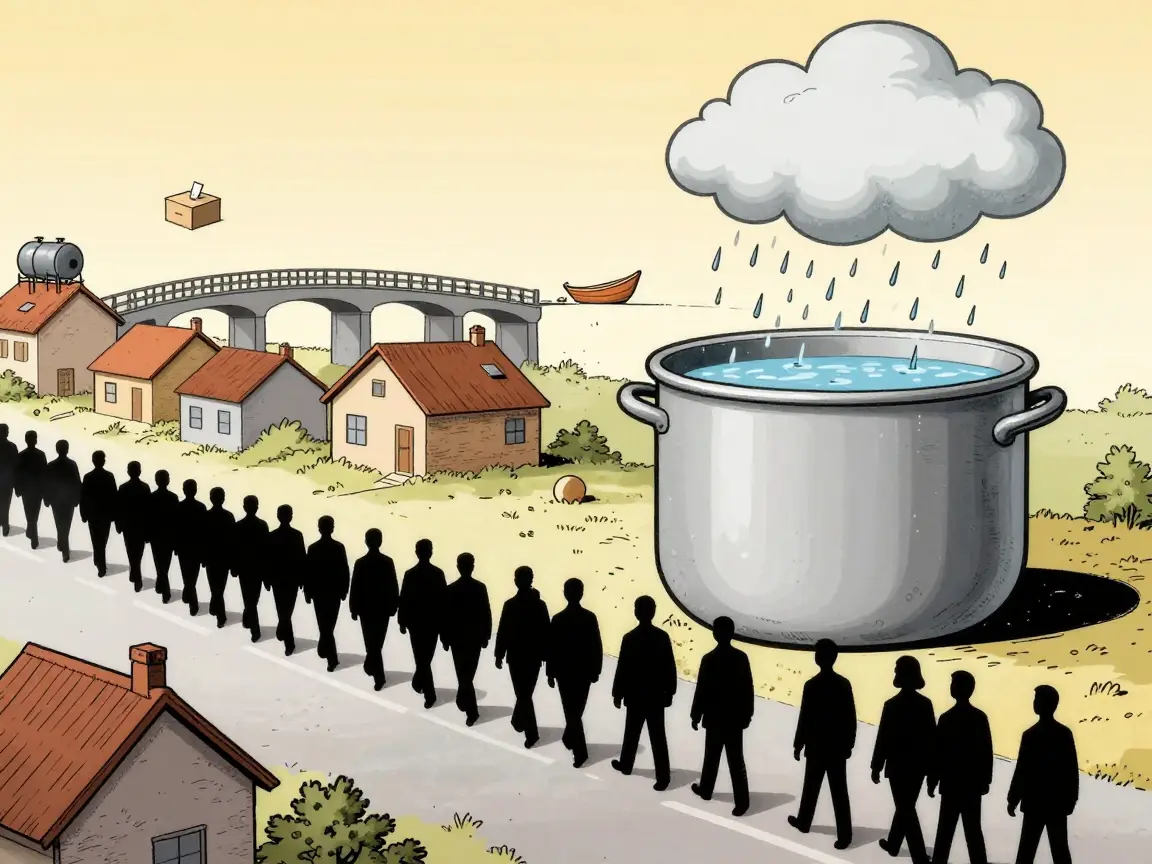 Caricatura de siluetas genéricas bajo la lluvia con tinacos vacíos en los techos y una urna al fondo.